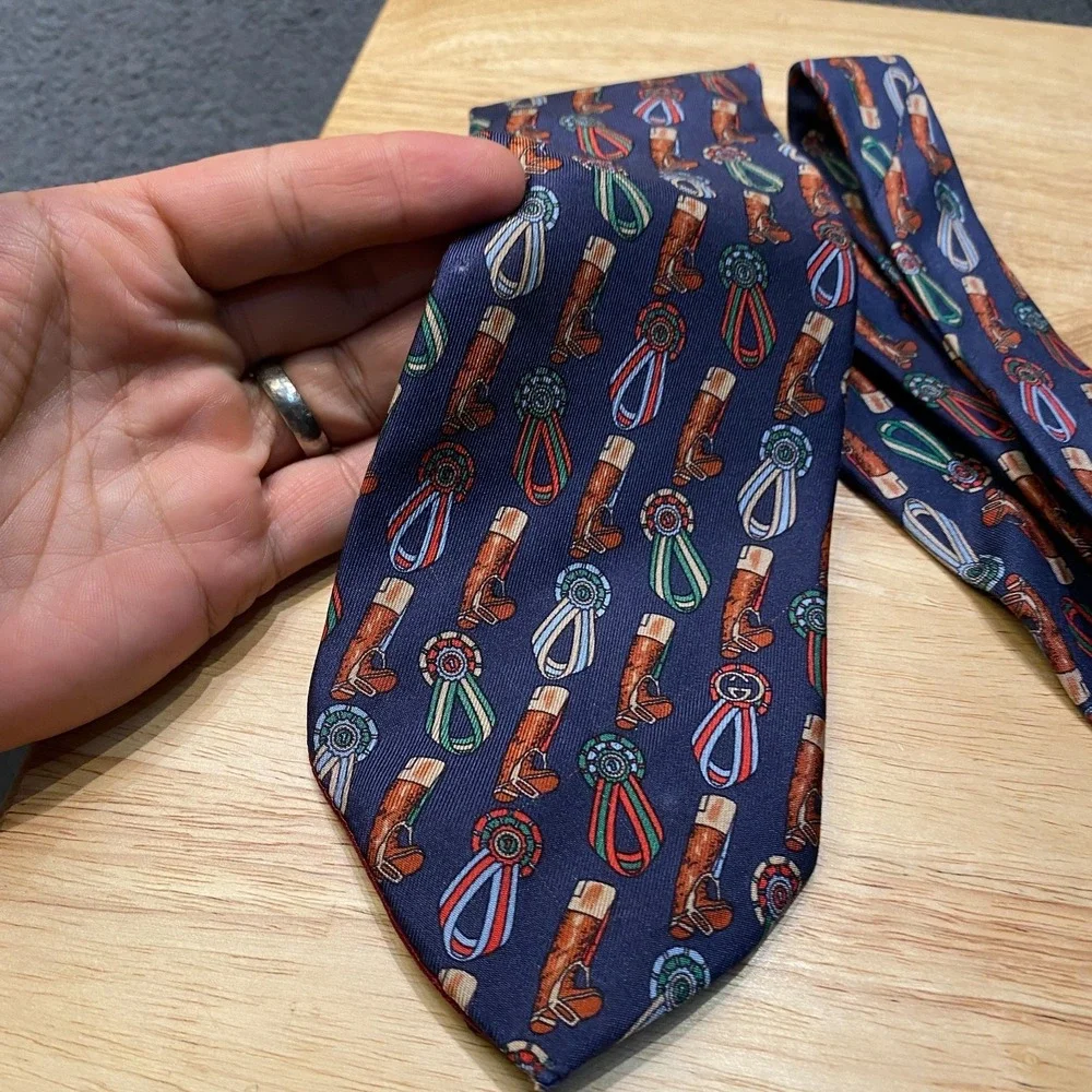 Gucci Tie Mens Blue Horse Bit Equestrian Boot Print Silk Italy Vintage 90s